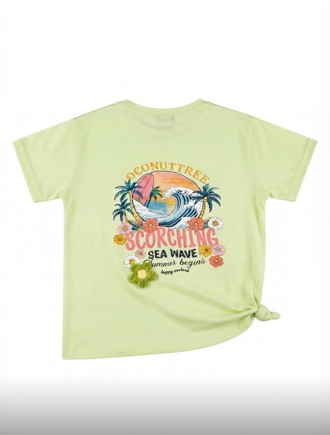 Blusa niña verde claro con estampado tropical y flor