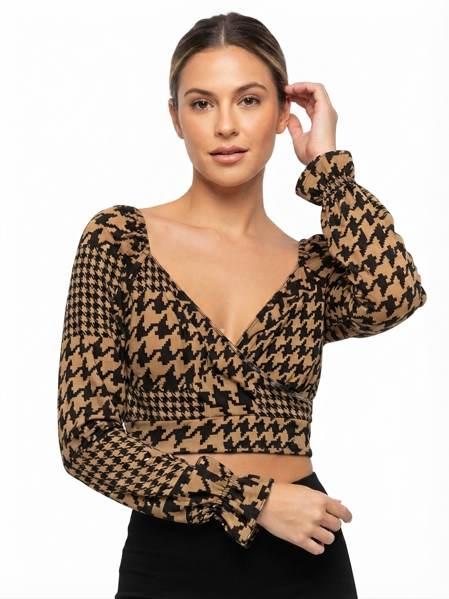 Blusa Dama OFERTA Cruzada Manga Larga Estampado Pata de Gallo