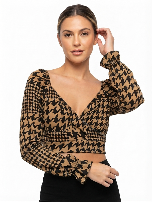 Blusa Dama OFERTA Cruzada Manga Larga Estampado Pata de Gallo