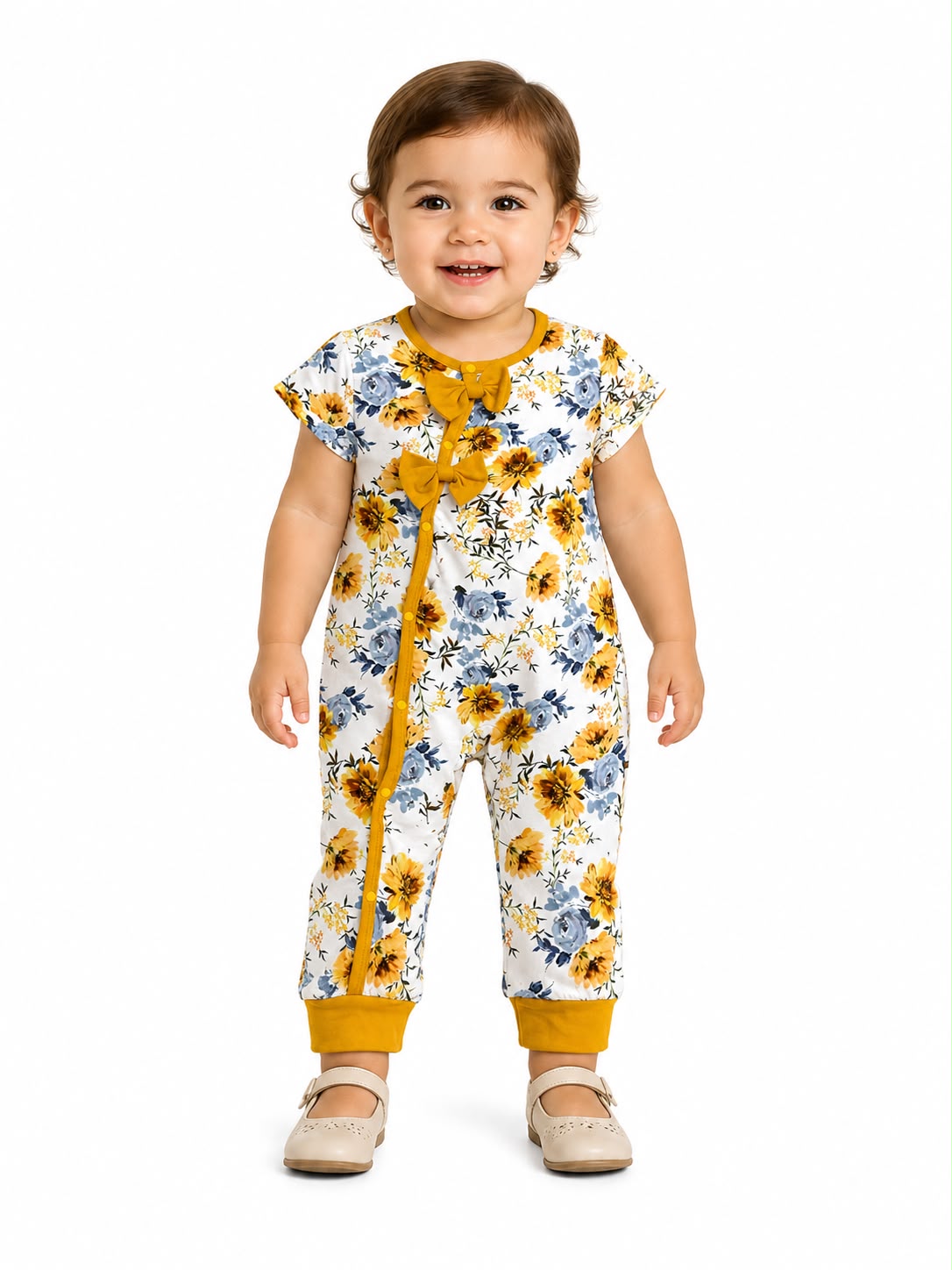 Mameluco niña meses estampado floral con moños – Color blanco con mostaza