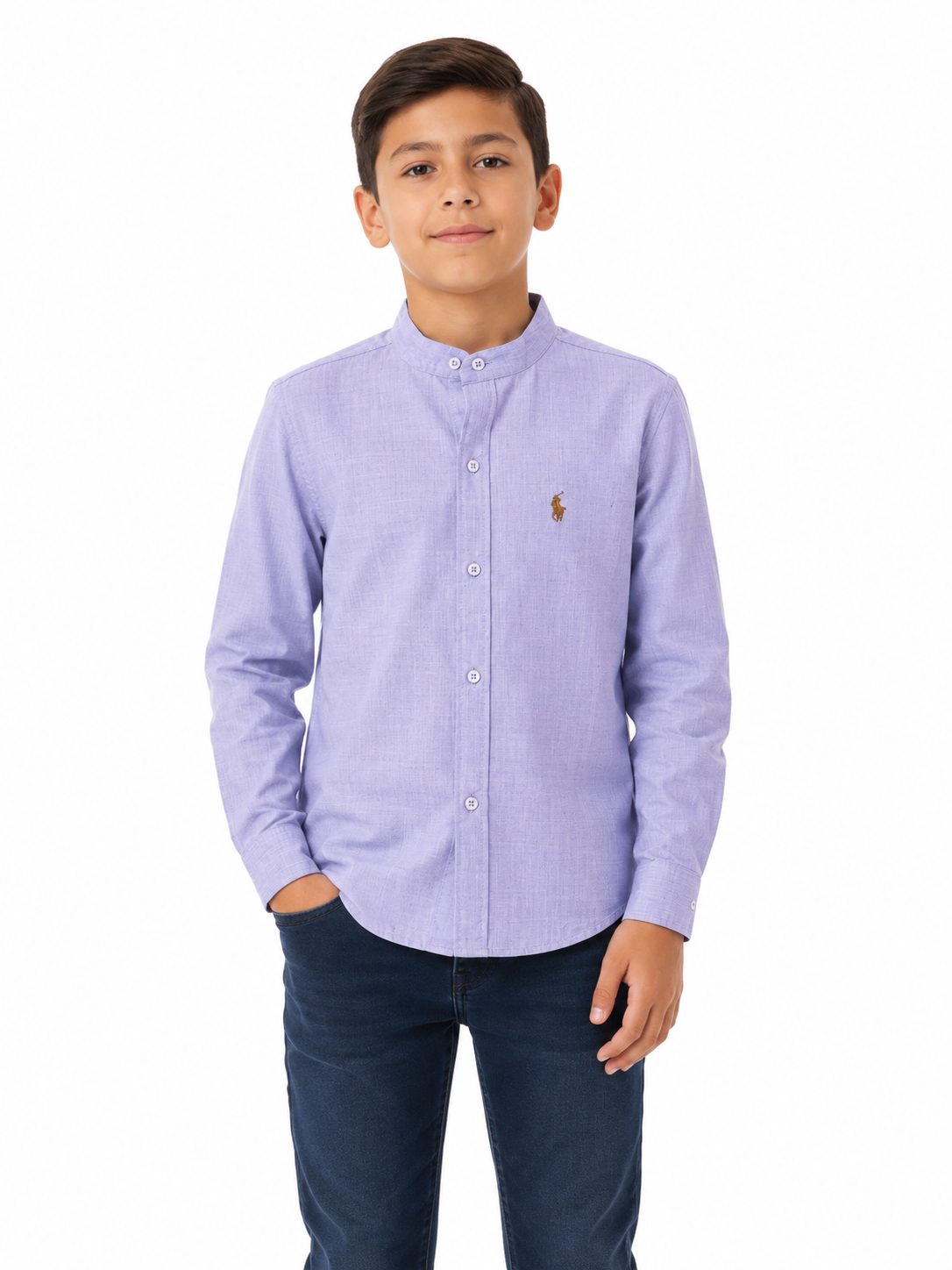 Camisa niño cuello redondo color lila manga larga