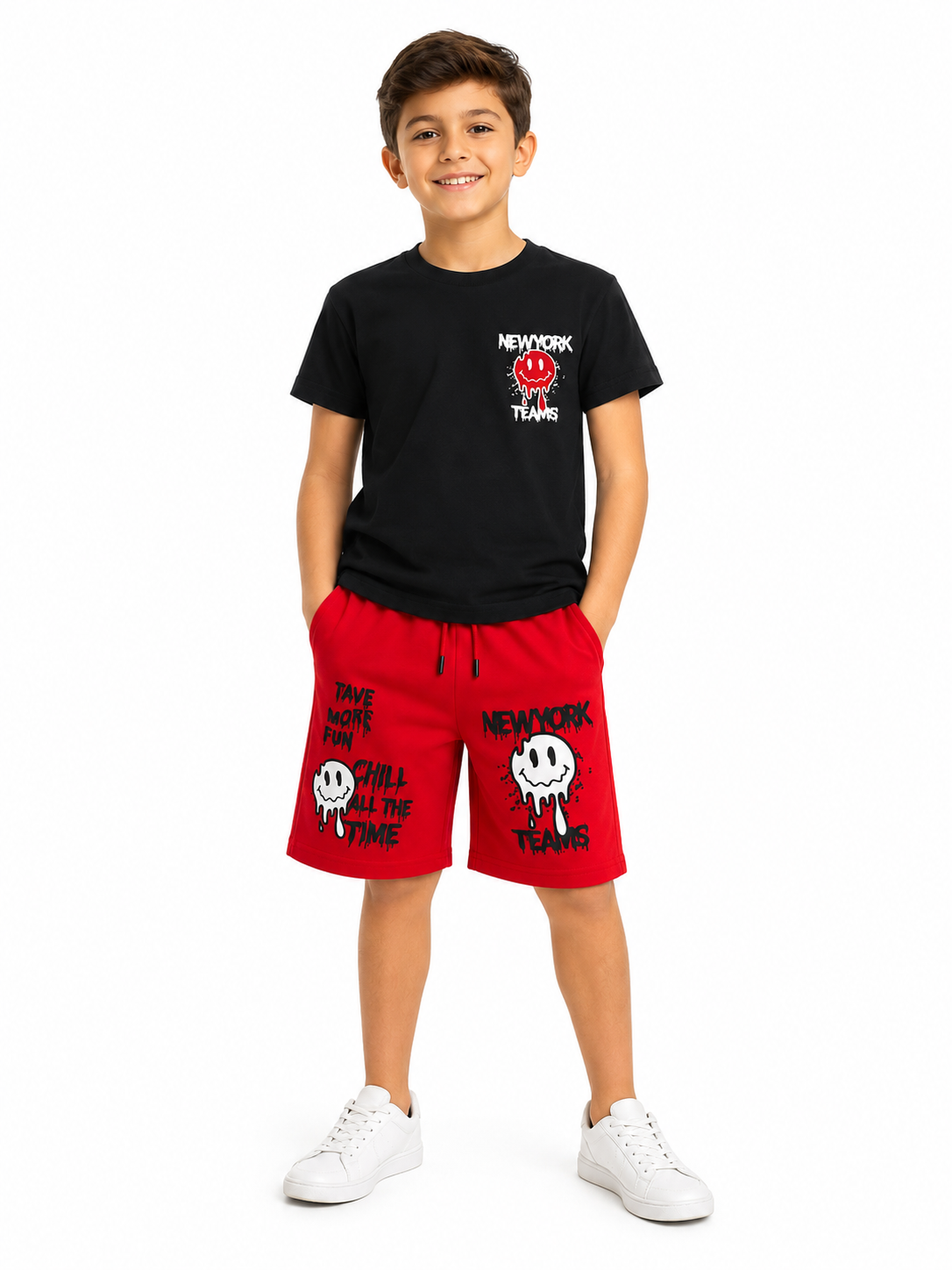 Set niño playera negra con short rojo estampado estilo urbano casual 🖤❤️