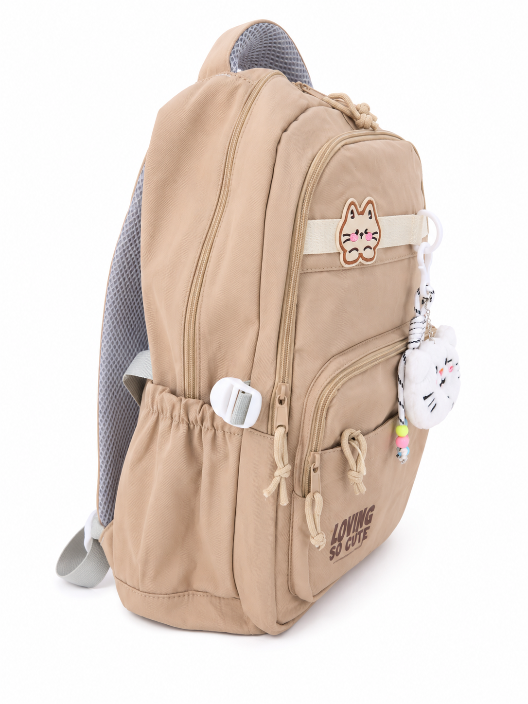 Mochila juvenil color caqui con llavero de gatito