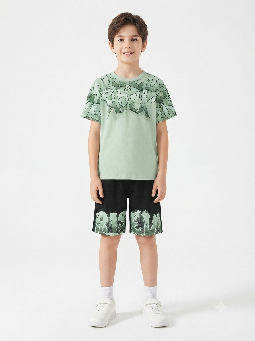 Set niño playera + short estampado urbano – Verde con negro