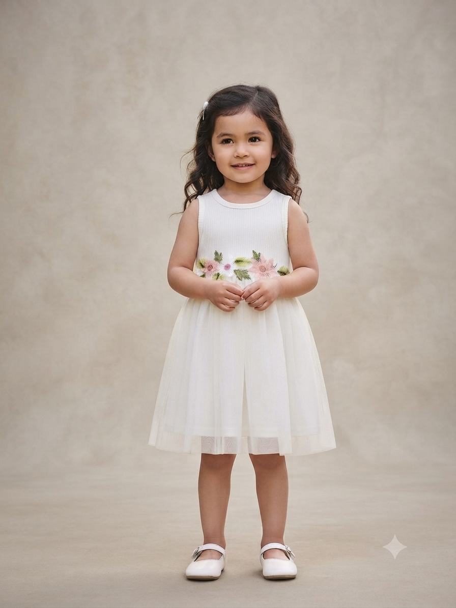 Vestido niña blanco con tul y flores bordadas en la cintura