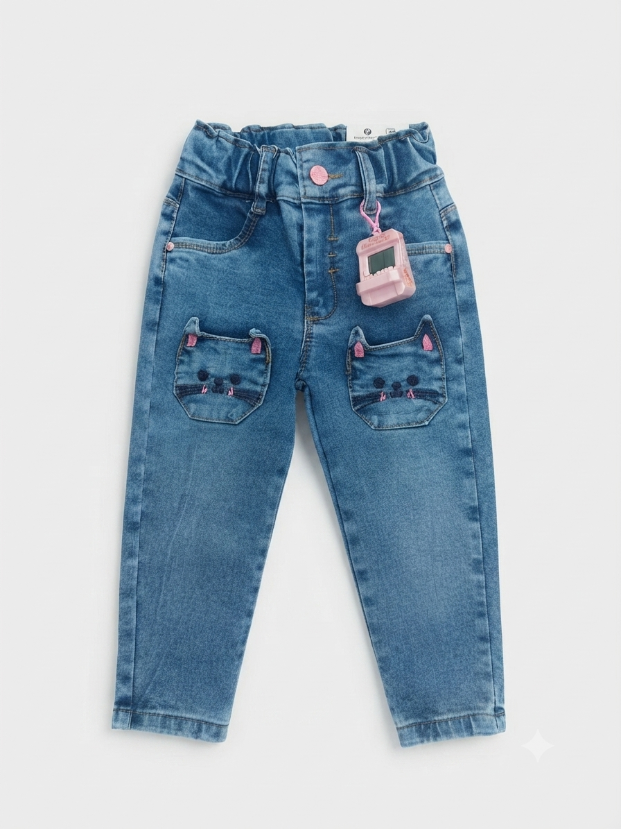 Pantalón niña de mezclilla con bolsillos de gatito y llavero electrónico