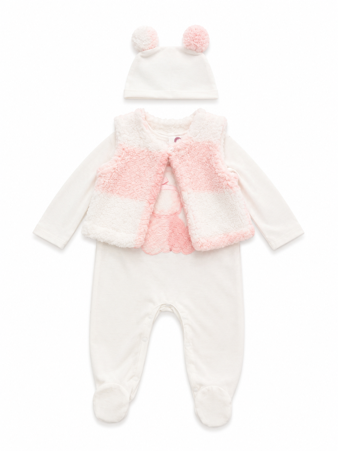 Conjunto niña meses con mameluco, chaleco y gorrito