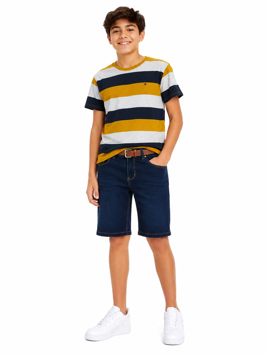 Set niño playera de rayas mostaza con bermuda de mezclilla