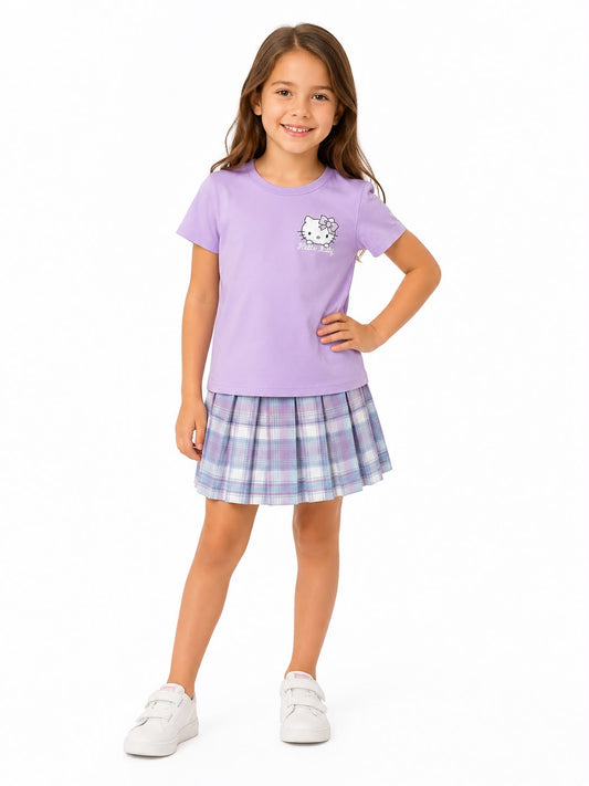 Set Niña playera y falda tableada lila