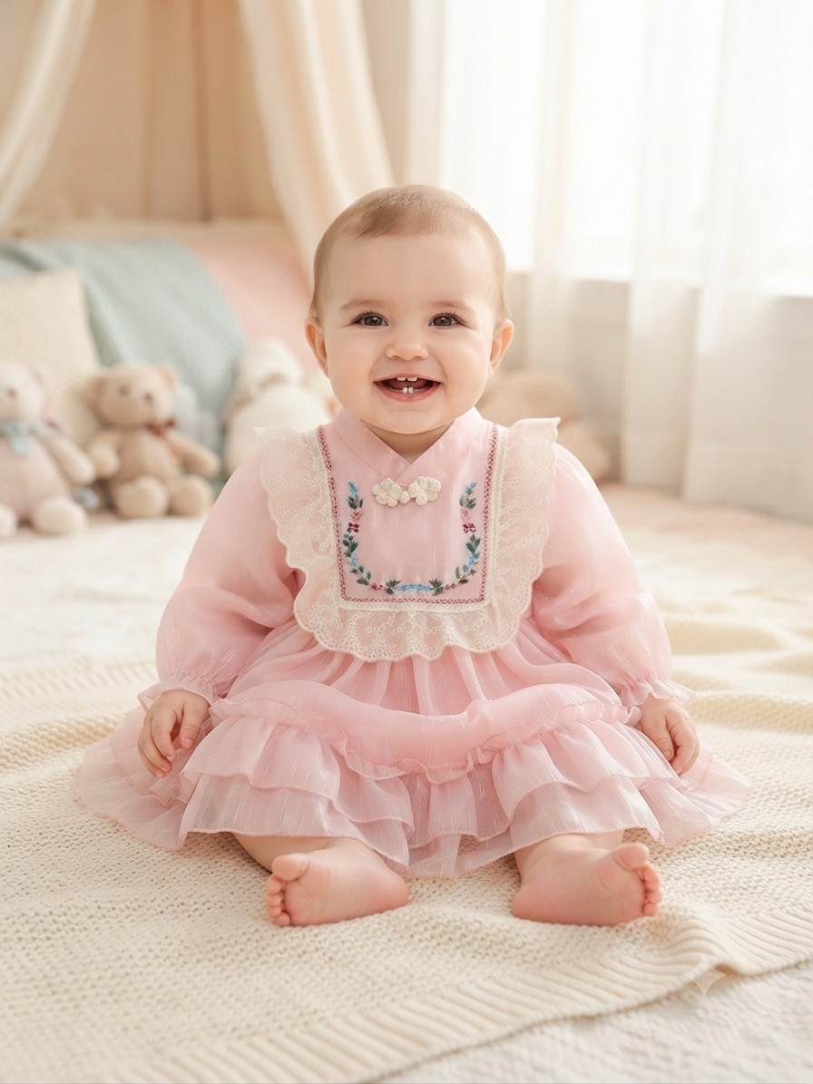 Vestido niña meses rosa con encaje y bordado floral