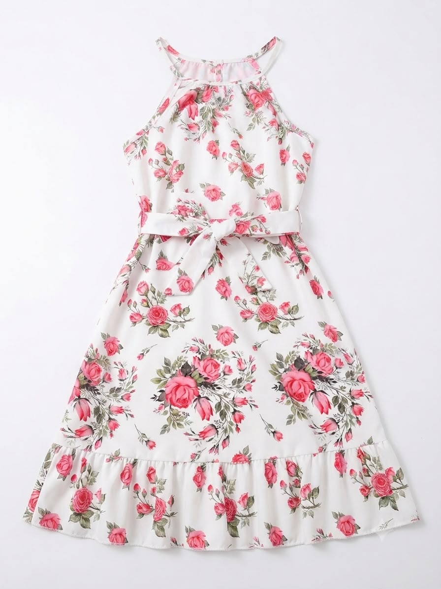 Vestido niña blanco con estampado de rosas