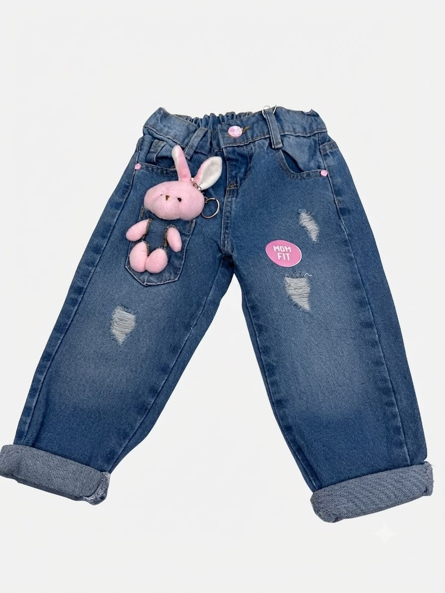 Pantalón niña mom fit mezclilla conejito
