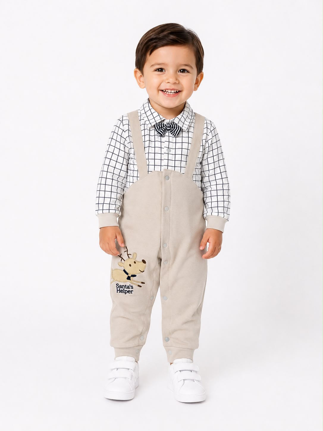 Set niña con overol beige y camisa y cuadros