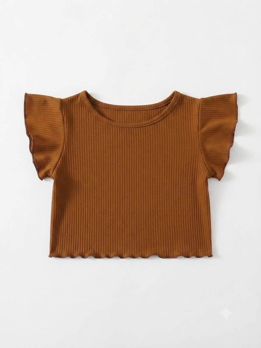 Blusa niña café acanalada con manga de Olanes