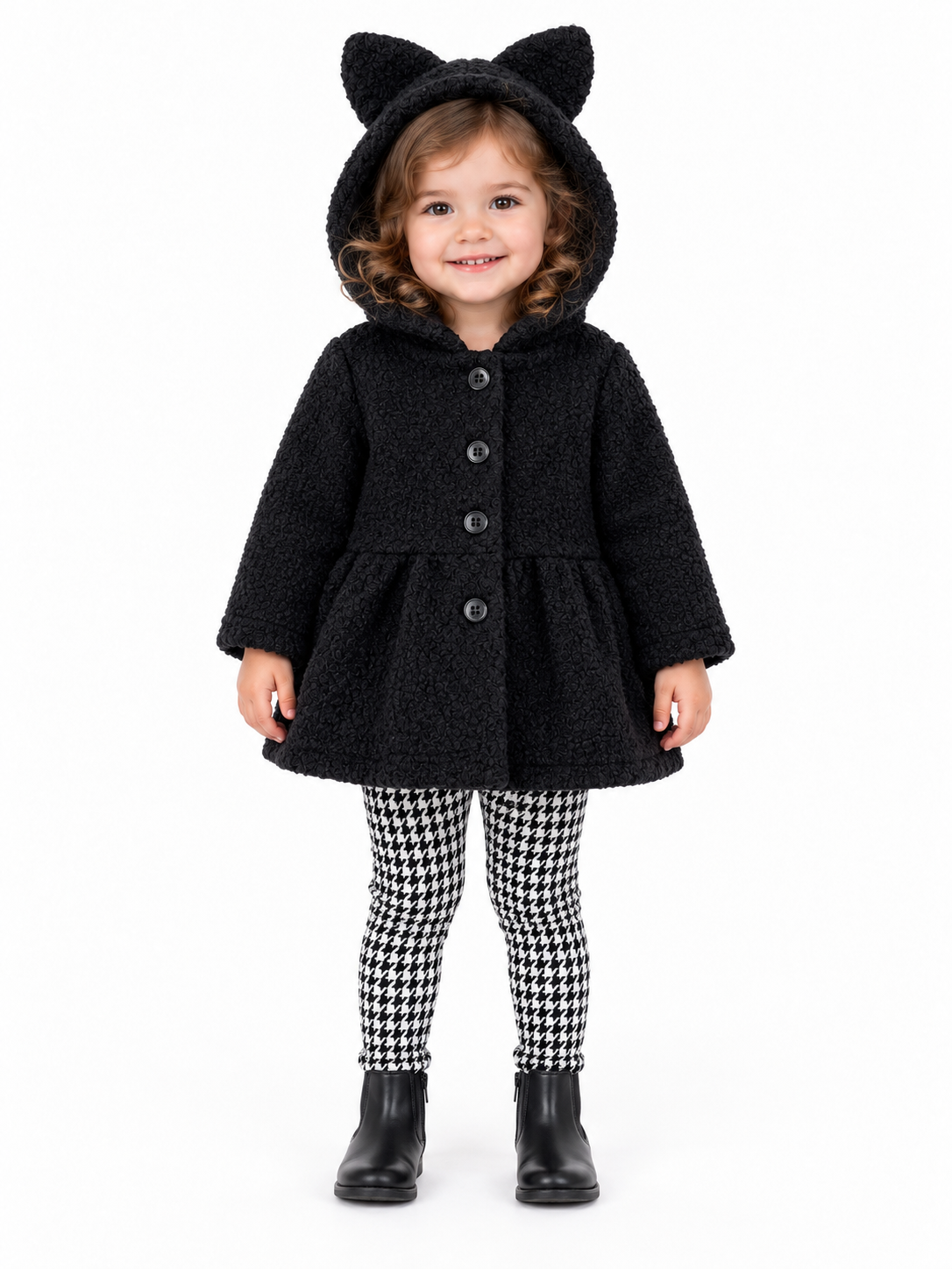 Set niña con abrigo de orejitas y leggings estampados