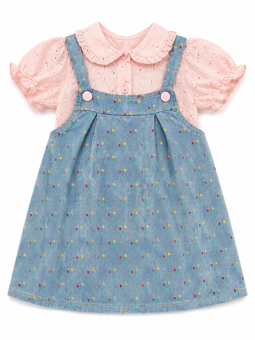 Set niña con blusa bordada y jumper de mezclilla