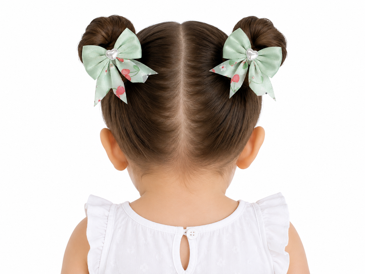 Moño par niña verde menta con cerezas y corazón