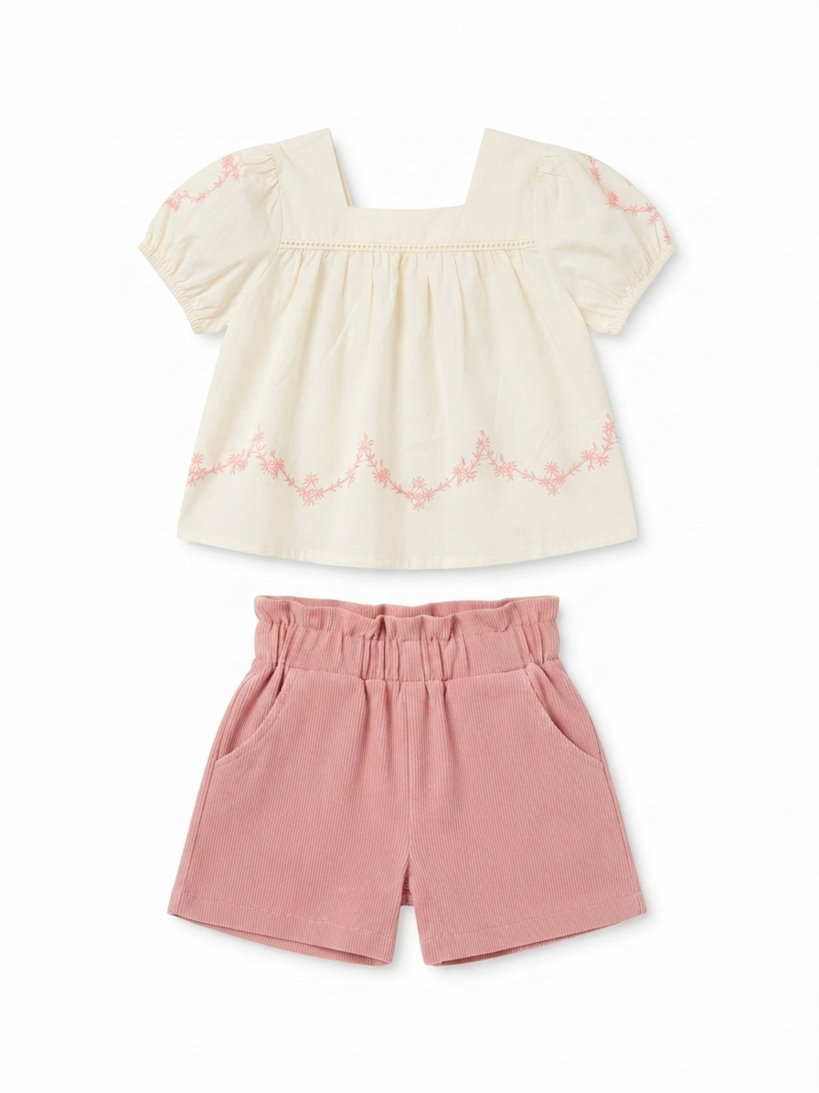 Set niña con blusa bordada y short rosa