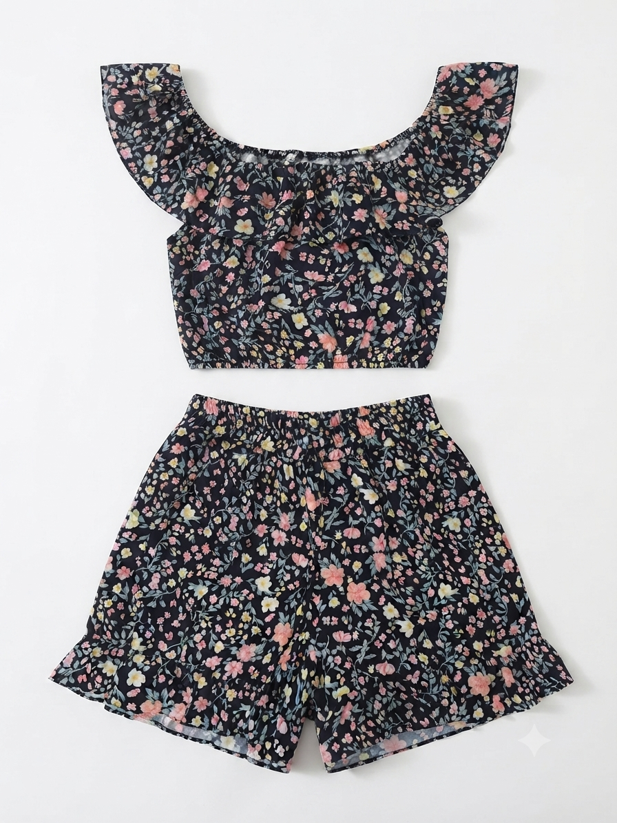 Conjunto Dama OFERTA Floral Top y Short Color Negro