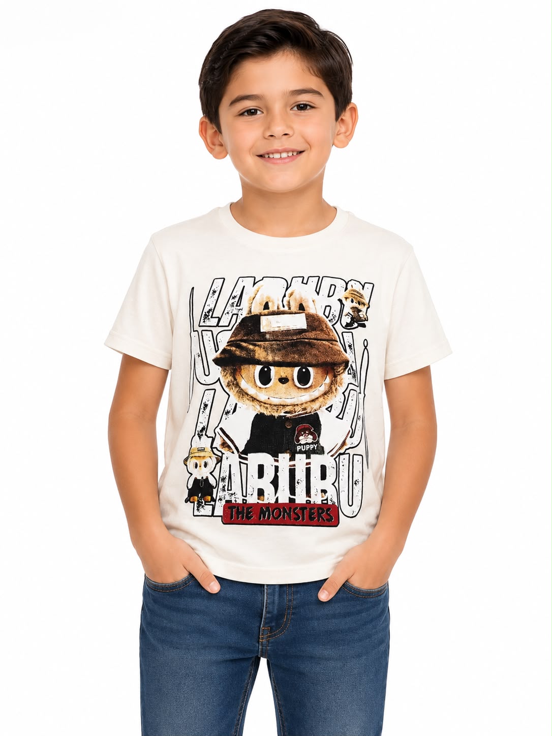 Playera niño cuello redondo color blanco con estampado frontal
