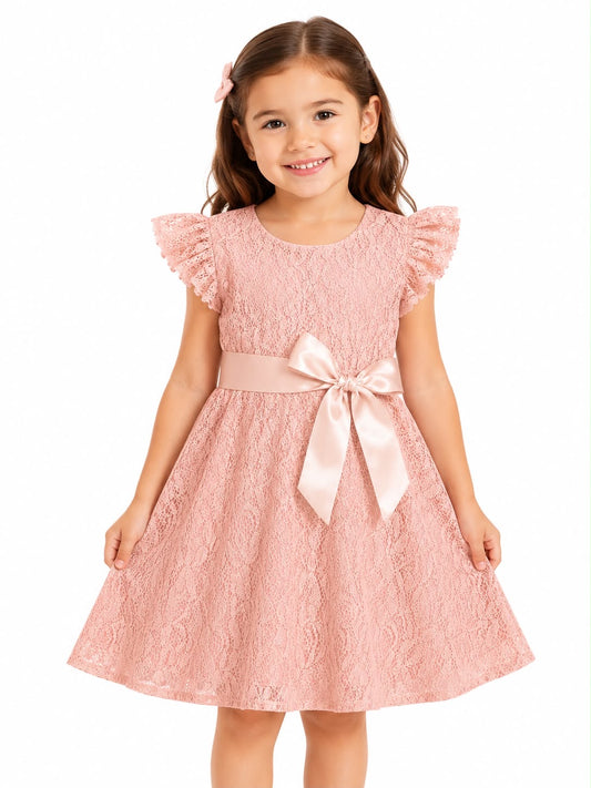Vestido niña rosa de encaje con lazo elegante