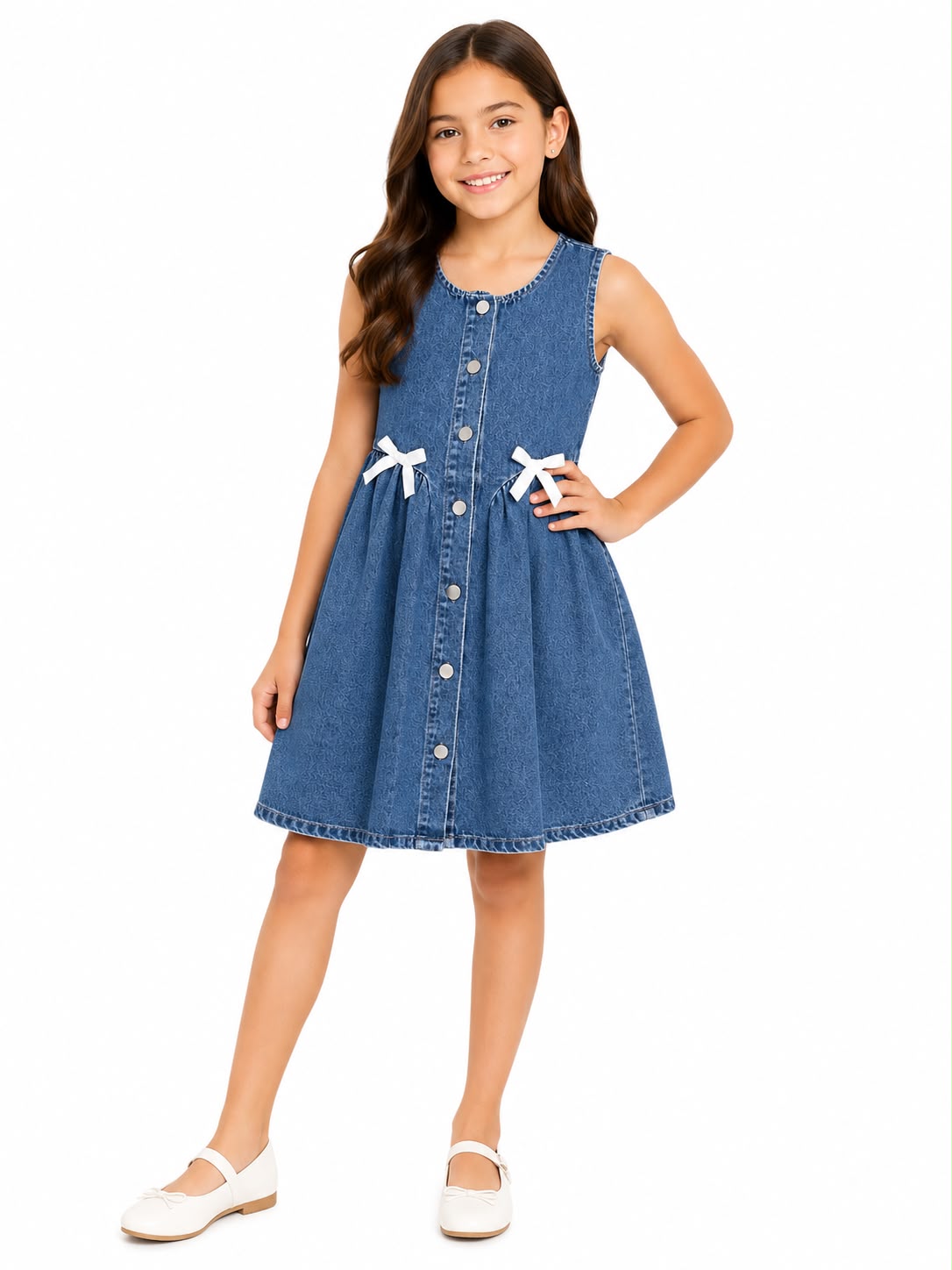Vestido niña de mezclilla con botones y moños decorativos