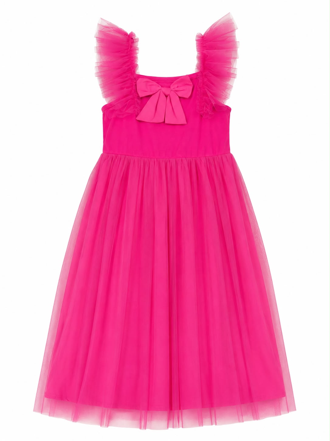 Vestido niña fucsia de tul con moño decorativo