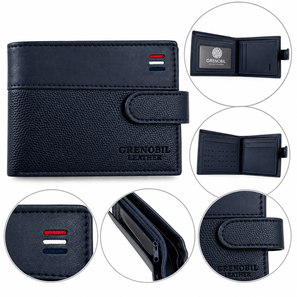 Cartera caballero con broche y múltiples compartimentos