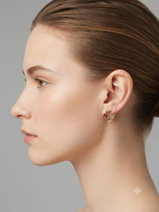 Aretes flor nácar rosa borde dorado