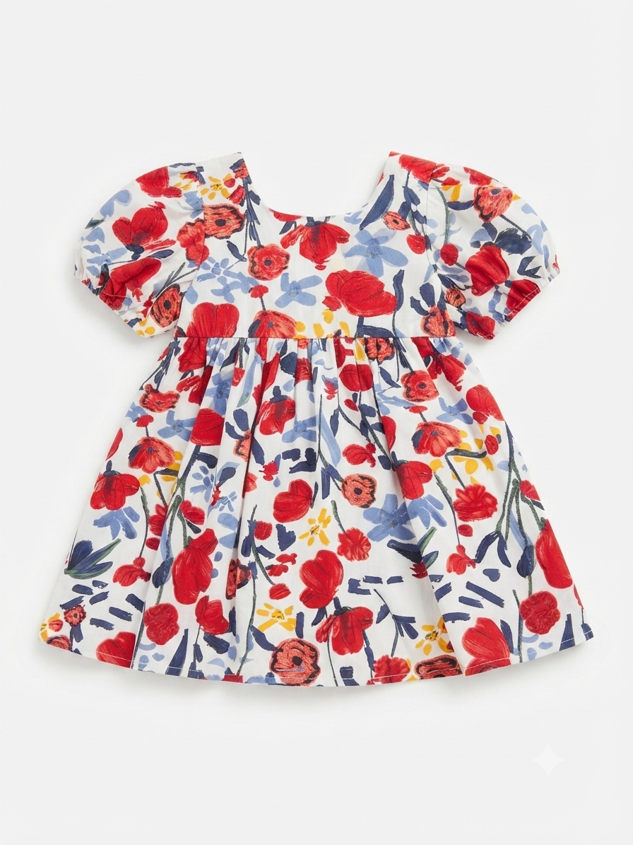 Vestido niña floral blanco con moño terracota y mangas bombachas