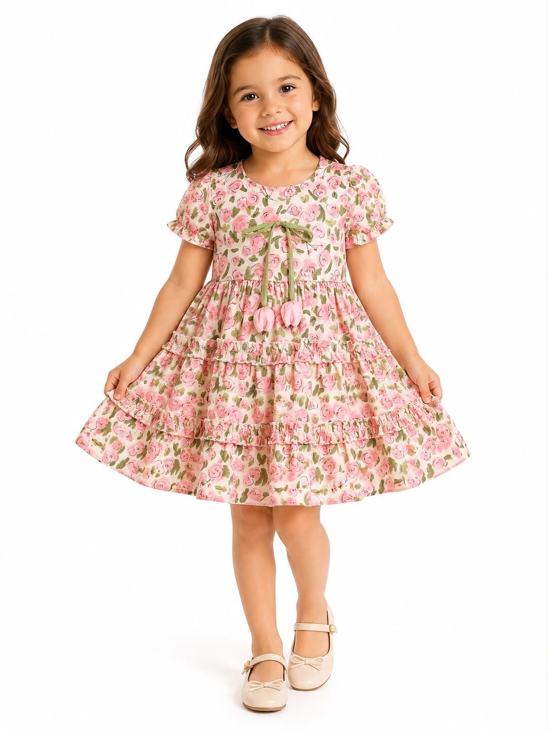 Vestido niña floral rosa con Olanes