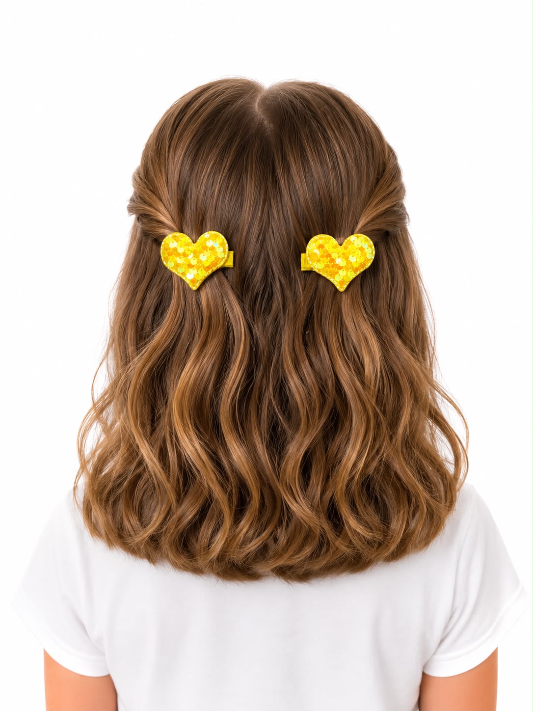 Moño Par Niña Corazón Amarillo con Lentejuelas