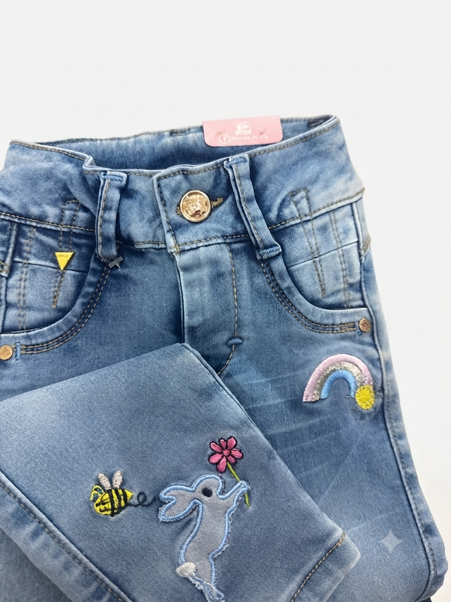 Pantalón niña mezclilla clara con bordados de arcoíris y conejito