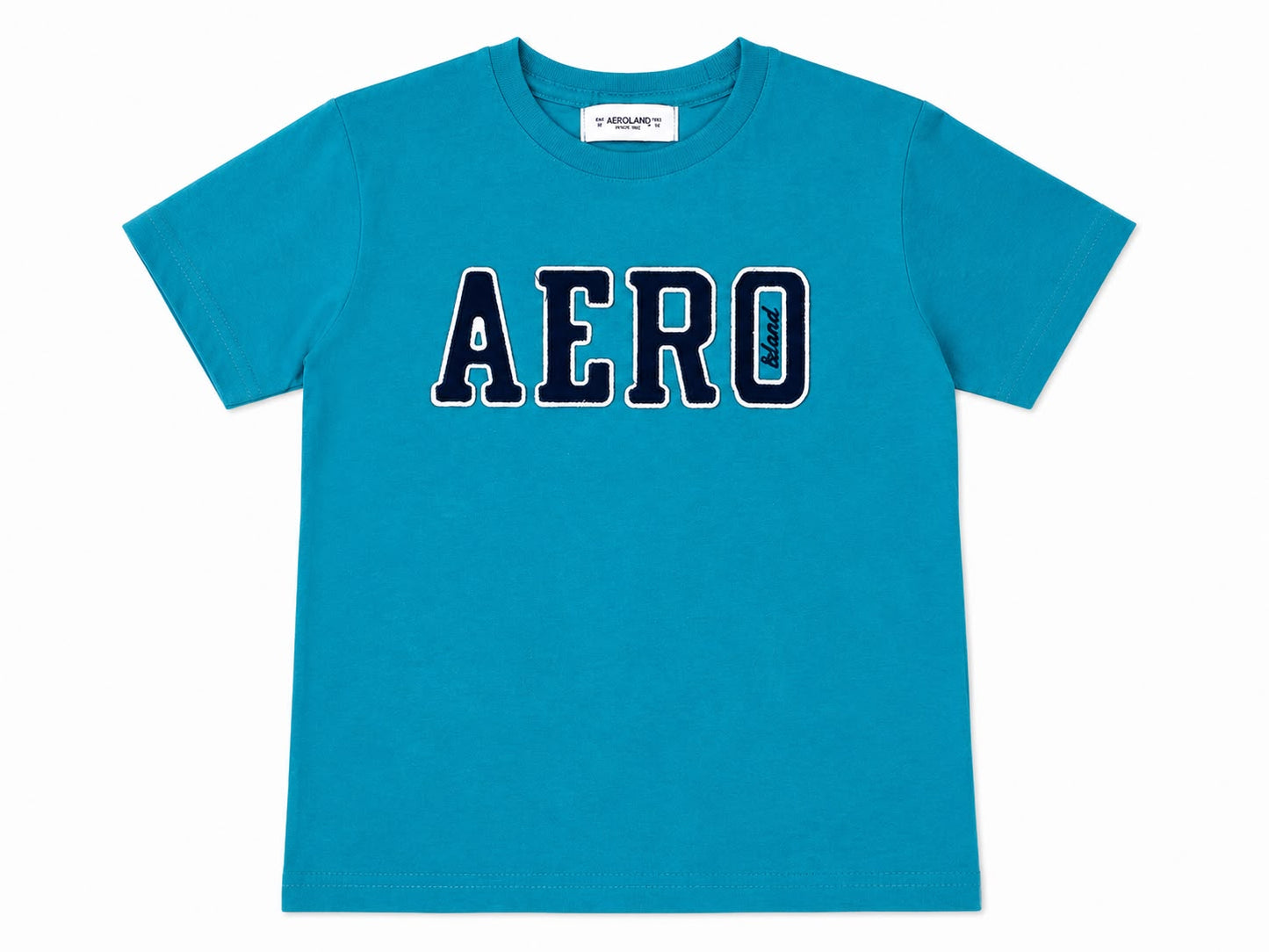 Playera niño cuello redondo estampado bordado color turquesa