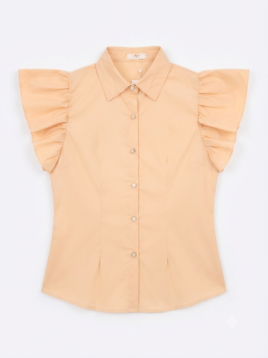 Blusa Dama OFERTA Manga Olanes Cuello Camisero Color Beige