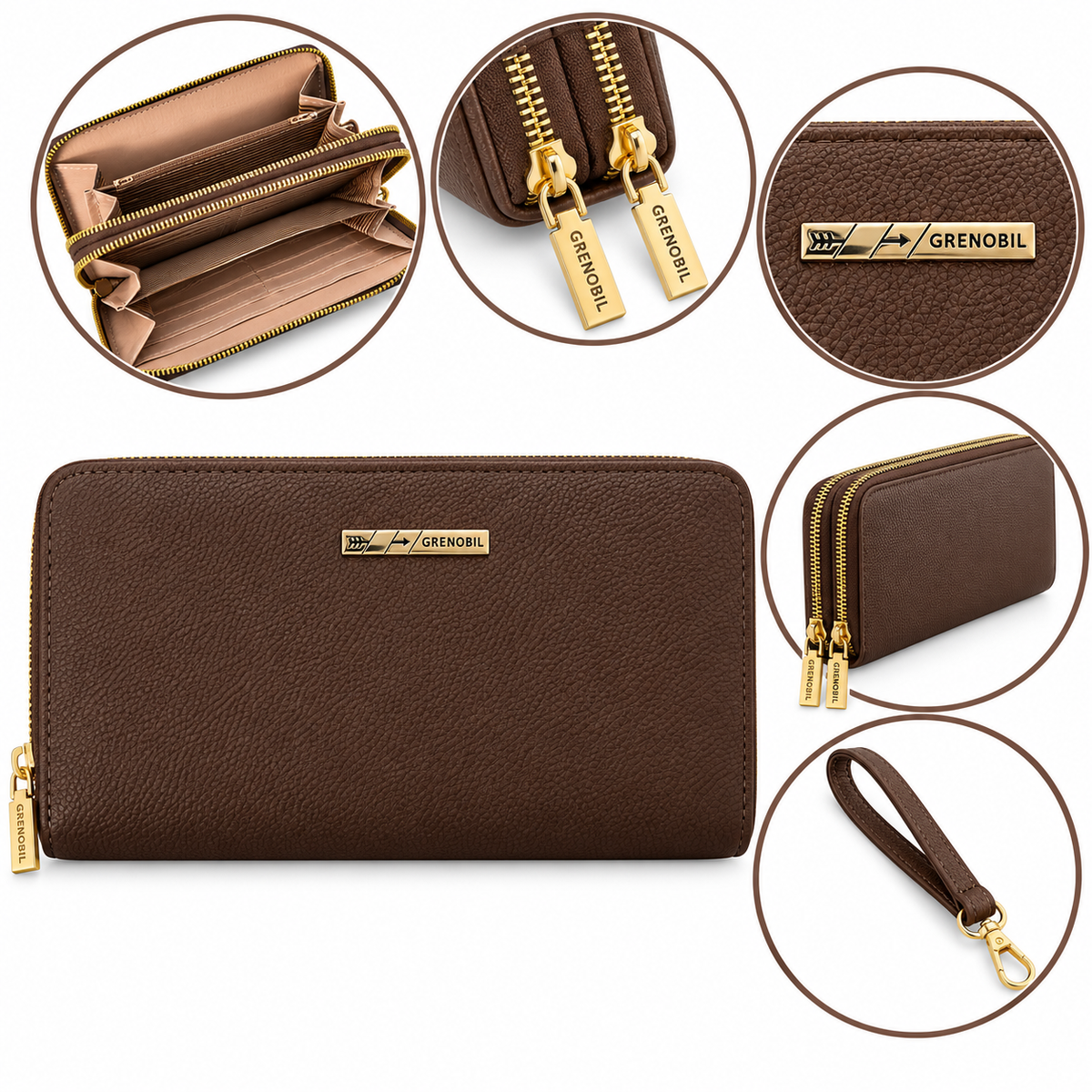 Cartera dama con doble cierre y múltiples compartimentos