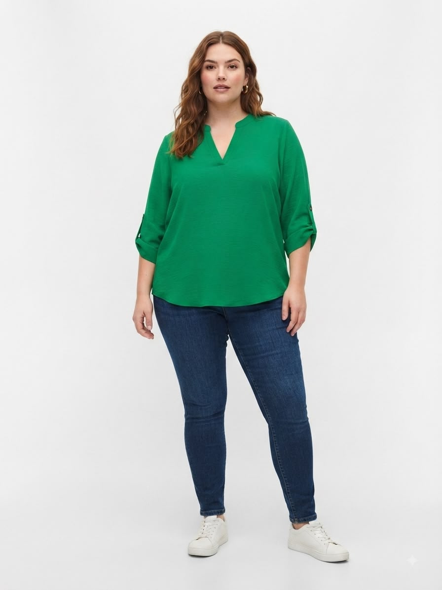 Blusa Dama Verde Esmeralda de Manga Enrollable con Escote en V