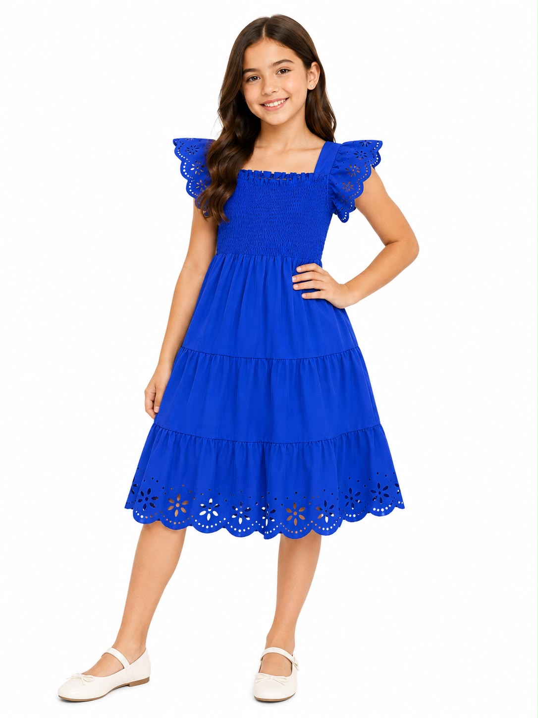 Vestido niña azul rey con detalles calados