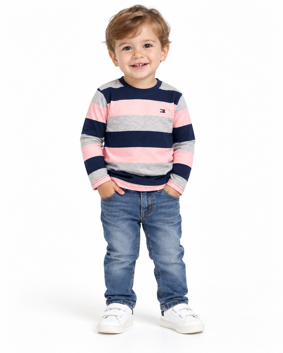 Playera niño manga larga- rayas rosa con azul