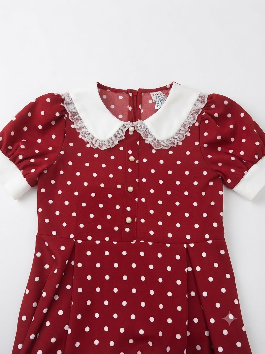 Vestido niña largo color vino con estampado de lunares, cuello Peter Pan y detalles de encaje