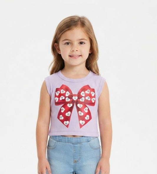 Blusa niña lila sin mangas con moño y corazones