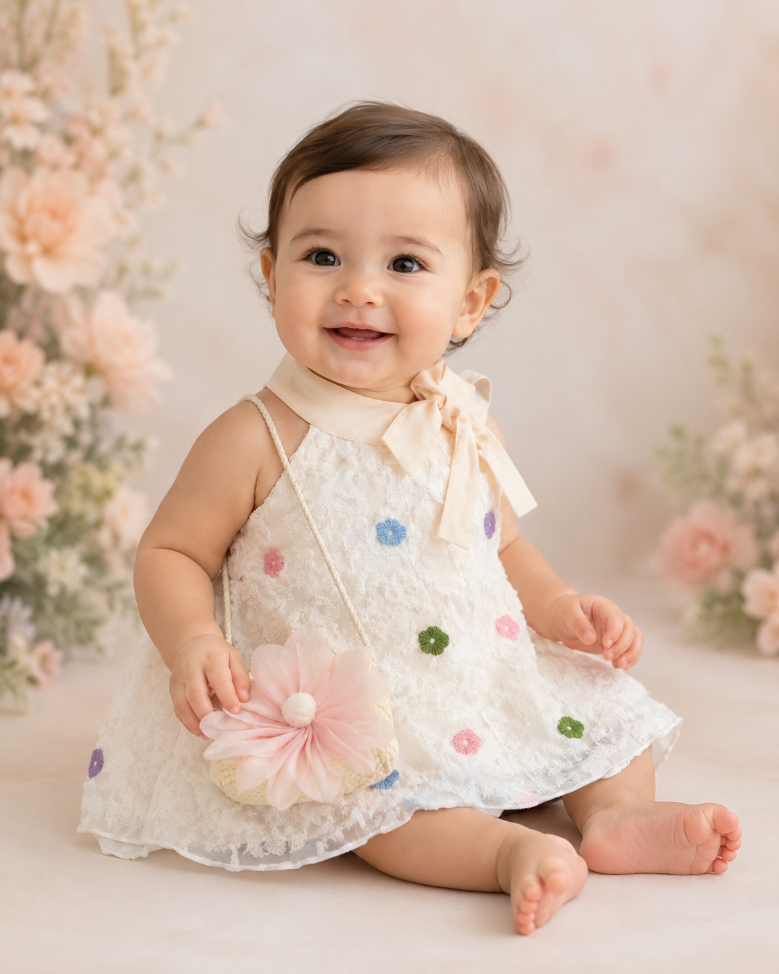 Vestido niña meses color crema con flores y bolsita