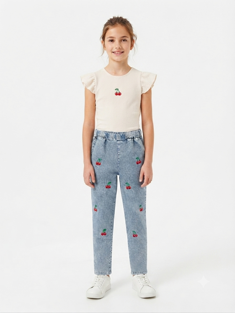 Set niña blusa con cerezas y pantalón de mezclilla bordado