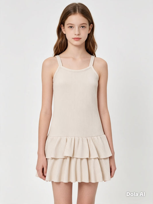 Vestido niña de tirantes con Olanes color beige