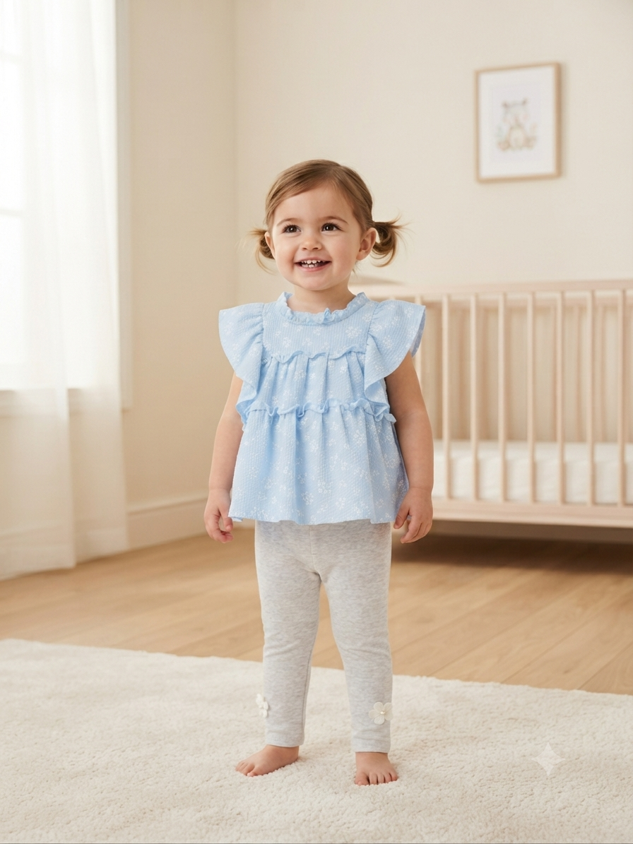 Set niña con blusa azul de olanes y leggings con flores