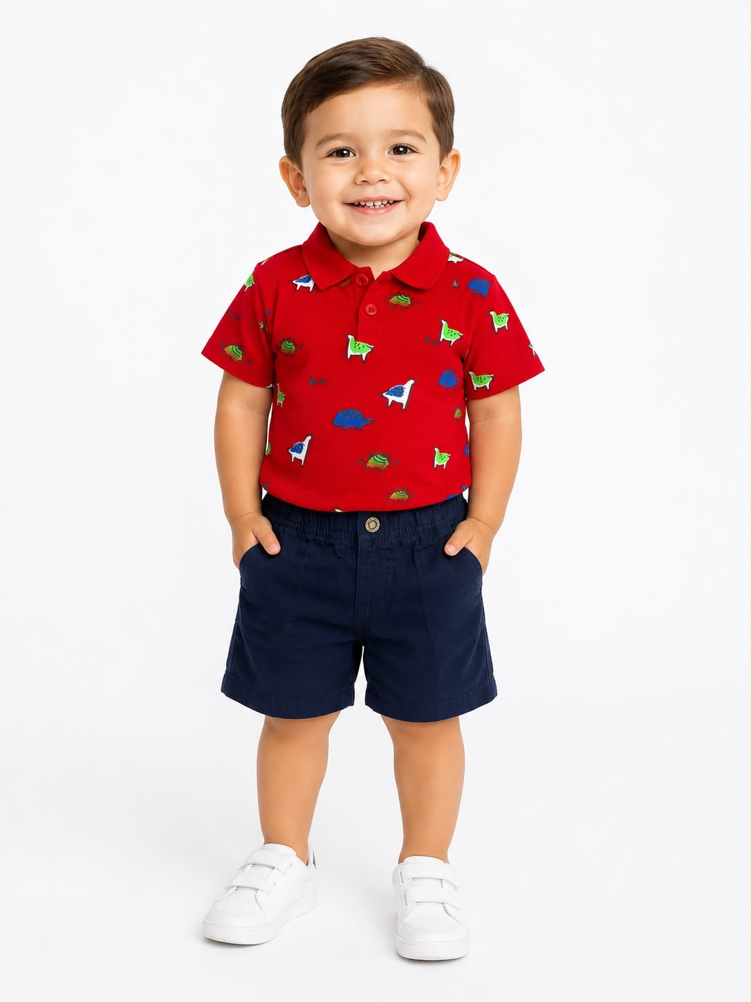 Set niña tipo polo dinosaurio con short azul marino