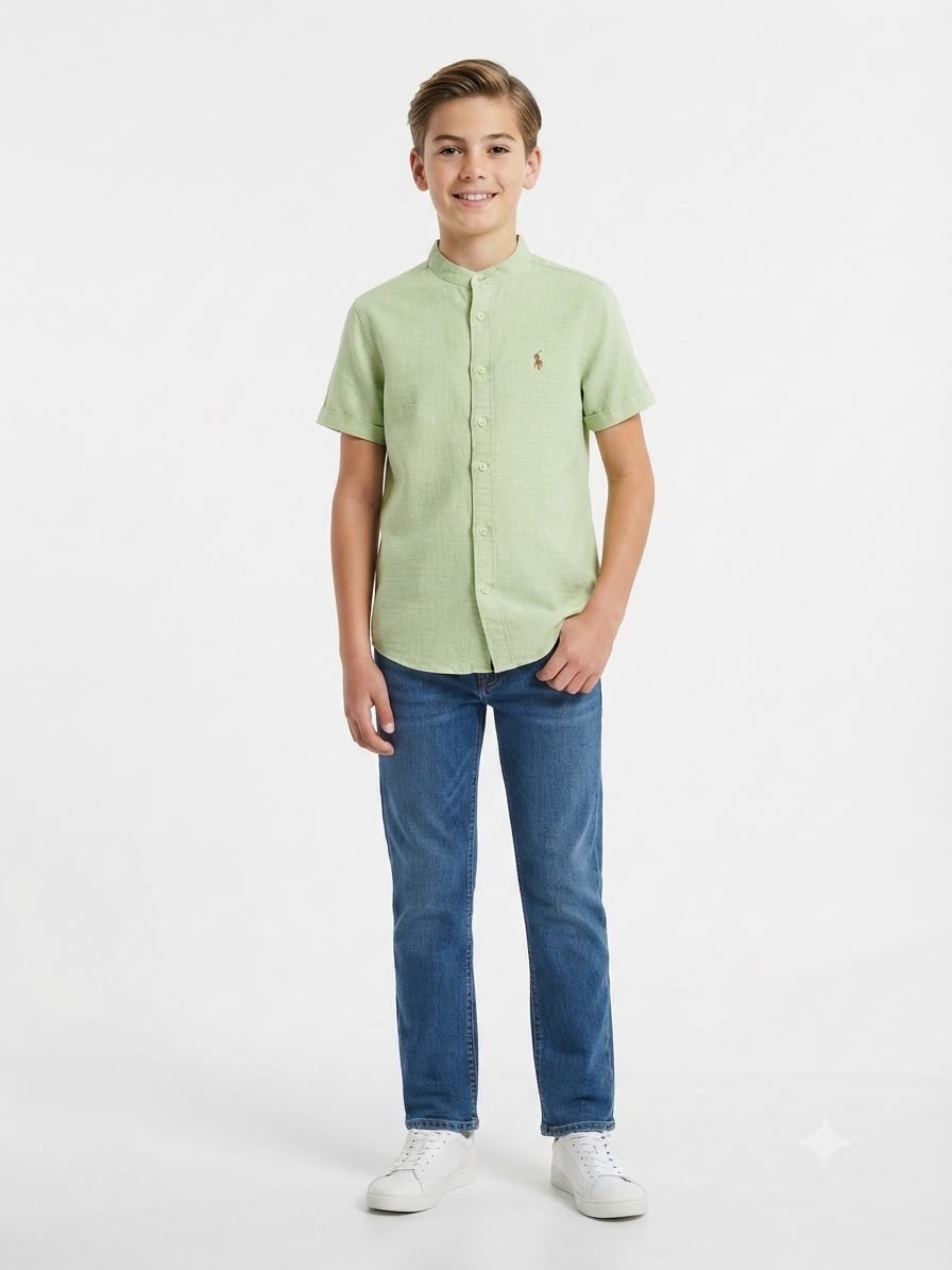 Camisa niño manga corta cuello redondo verde olivo
