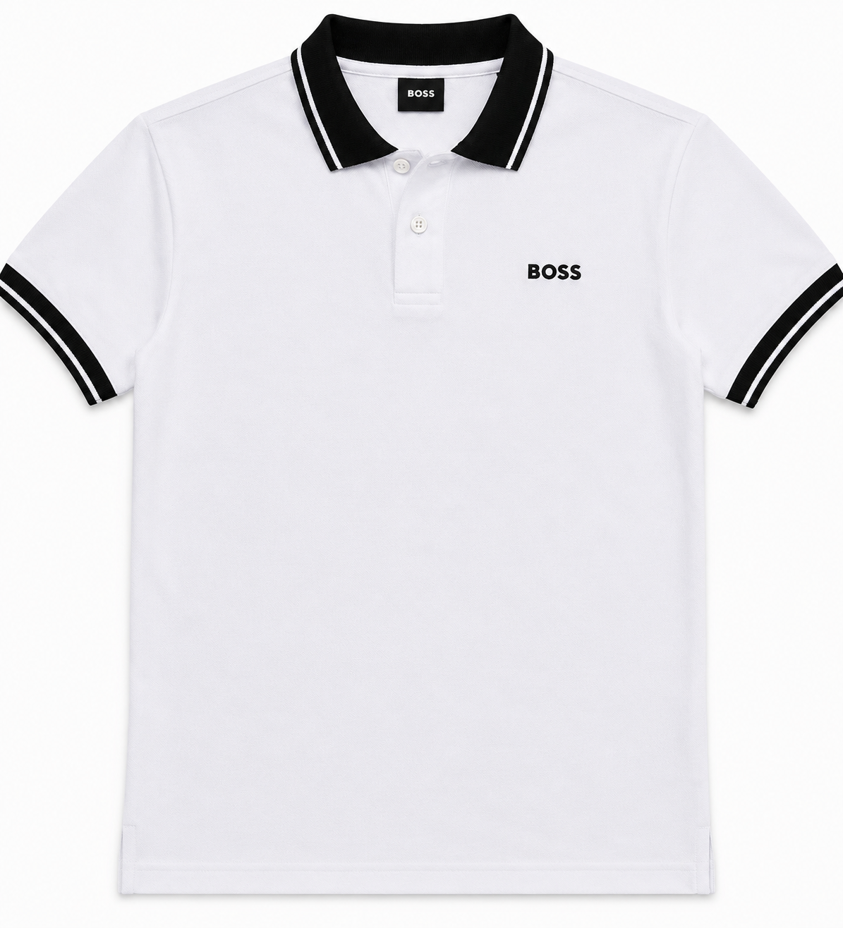 Playera Caballero Tipo PoloB@SS Blanca con Cuello Negro y Detalles en Blanco