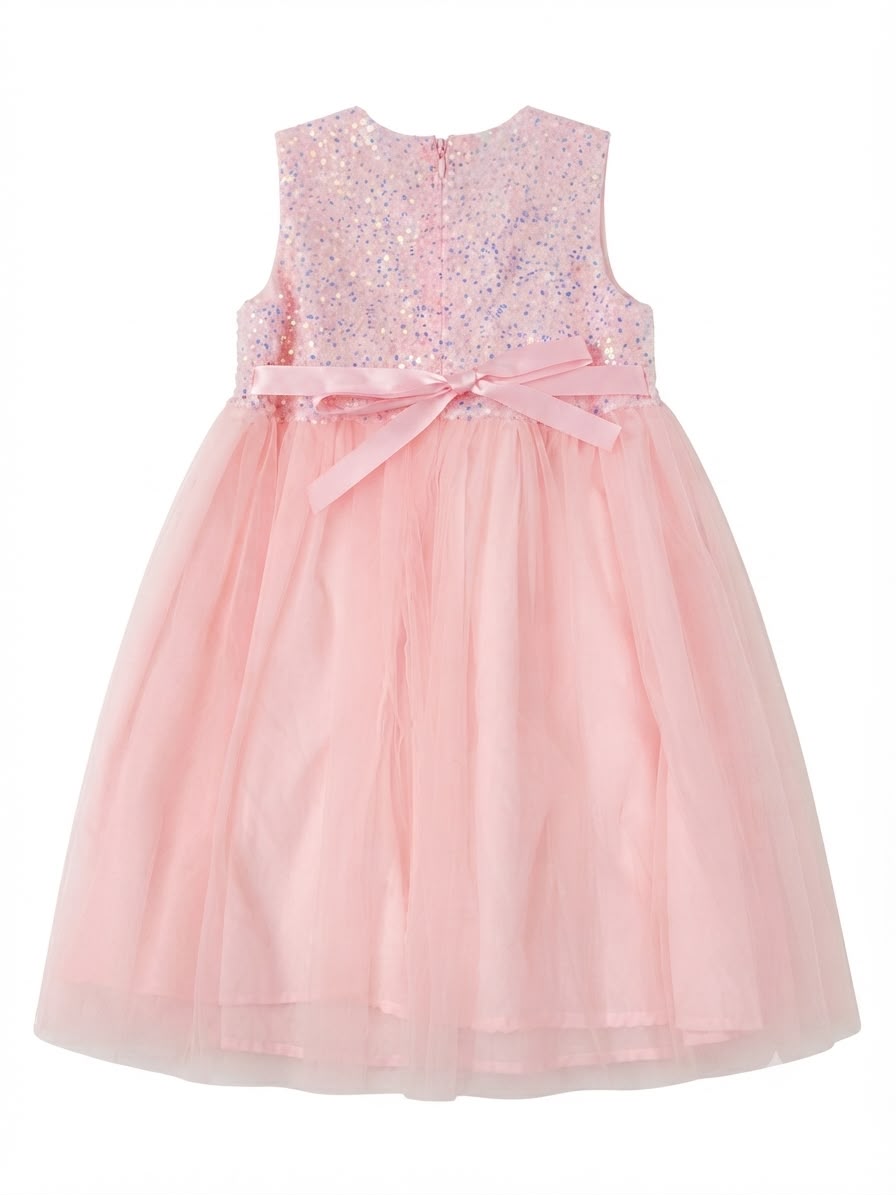 Vestido niña rosa de tul con lentejuelas y moño