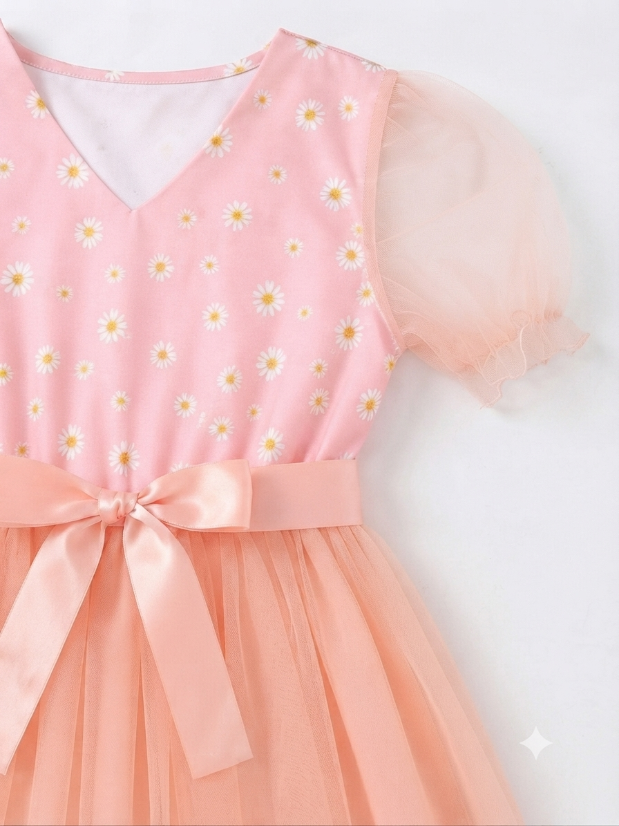 Vestido niña de tul con estampado de margaritas y moño decorativo